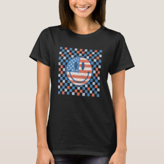 レトロ市松模様にパターンスマイル顔米国国旗M Tシャツ