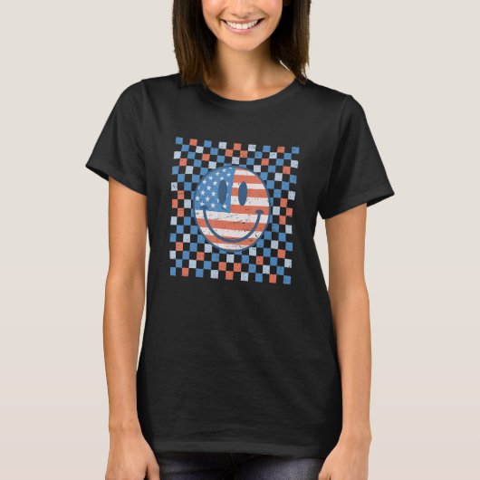 レトロ市松模様にパターンスマイル顔米国国旗M Tシャツ (正面)