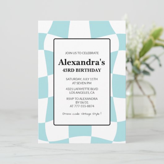 レトロ市松模様にブルー43歳の誕生日招待状 招待状 (スタンド正面)