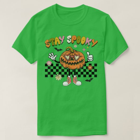レトロ市松模様に不気味カボチャ笑いハロウィーン Tシャツ (デザイン正面)