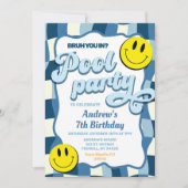 レトロ市松模様に波プールパーティー誕生日 招待状 (正面)