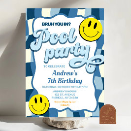 レトロ市松模様に波プールパーティー誕生日 招待状