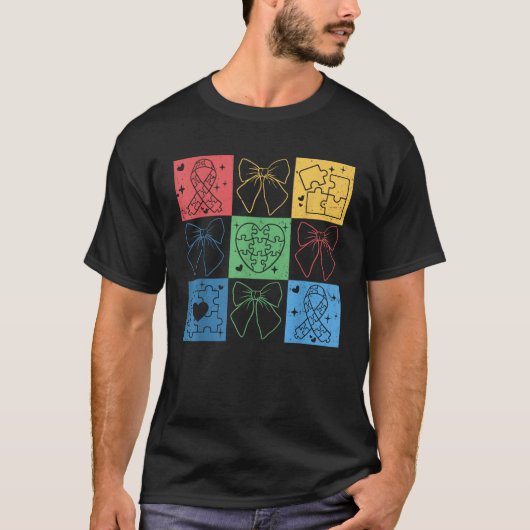 レトロ市松模様に自閉症意識MonthコケットBo Tシャツ (正面)