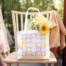 レトロ市松模様に花 トートバッグ