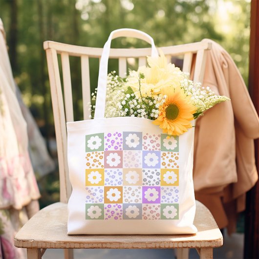 レトロ市松模様に花 トートバッグ