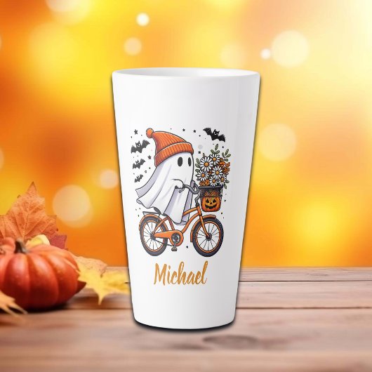 レトロ幽霊オン自転車ハロウィーン カフェラテマグ