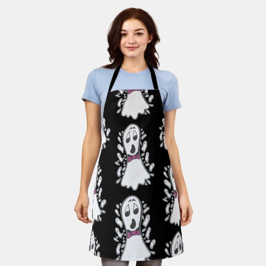 レトロ幽霊パターン(の模様が)あるハロウィーンヴィンテージ漫画 エプロン (着用した状態)
