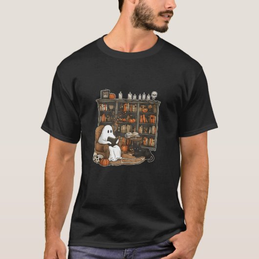 レトロ幽霊ブックスハロウィーン図書館先生幽霊 Tシャツ (正面)
