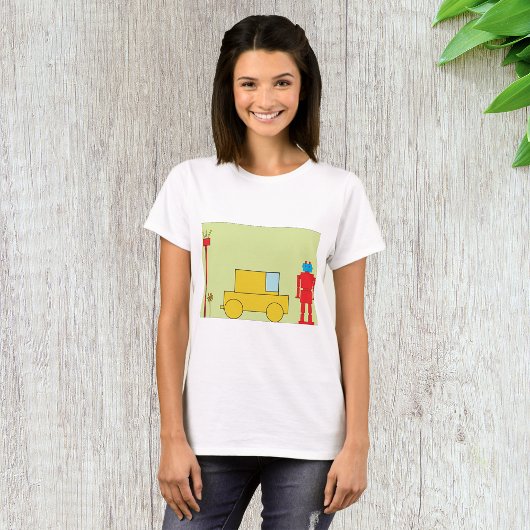 レトロ幾何学ロボットと黄色の車 Tシャツ