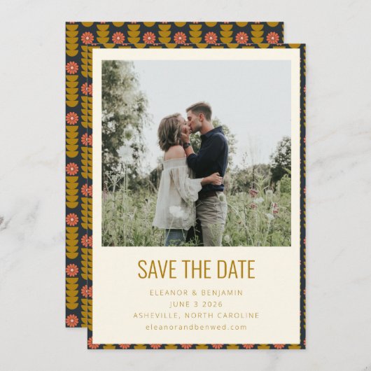 レトロ幾何学植物学金ゴールドネイビー結婚ズ セーブザデート (正面/裏面)