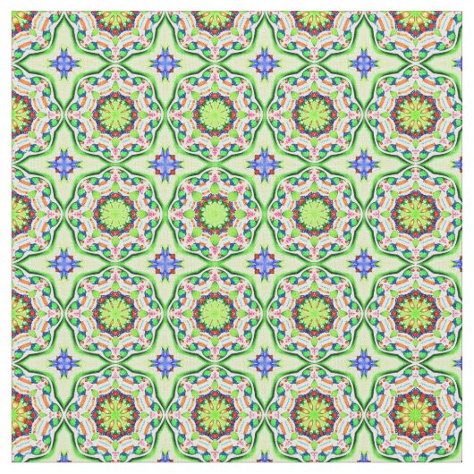 レトロ幾何学模様の緑と青 ファブリック (クローズアップ)