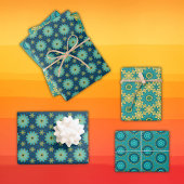 レトロ幾何学的な花ブライトイエローブルー、ティール（緑がかった色） ラッピングペーパーシート