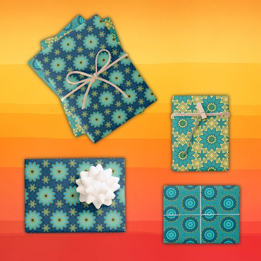 レトロ幾何学的な花ブライトイエローブルー、ティール(緑がかった色) ラッピングペーパーシート