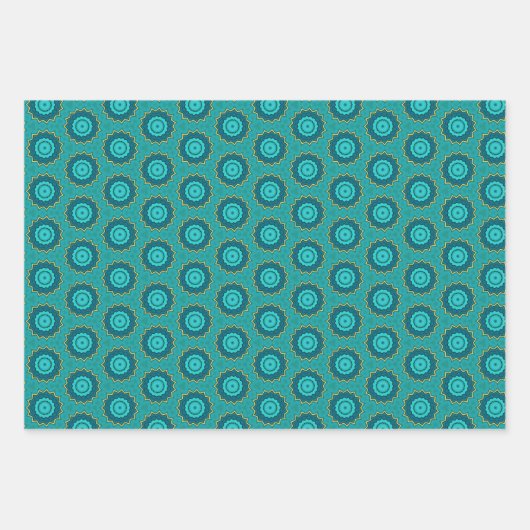 レトロ幾何学的な花ブライトイエローブルー、ティール（緑がかった色） ラッピングペーパーシート (正面3)