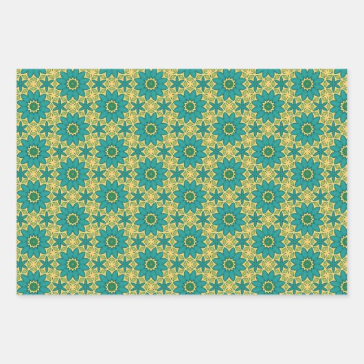 レトロ幾何学的な花ブライトイエローブルー、ティール（緑がかった色） ラッピングペーパーシート (正面2)