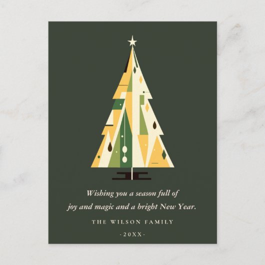 レトロ幾何学的クリスマスツリーイエローフォレストグリーン シーズンポストカード (正面)