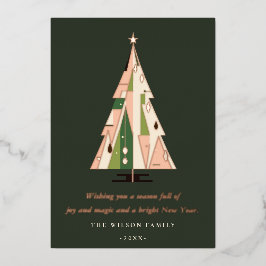 レトロ幾何学的クリスマスツリー赤面グリーンラスト 箔シーズンカード