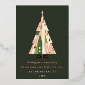 レトロ幾何学的クリスマスツリー赤面グリーンラスト 箔シーズンカード (正面)