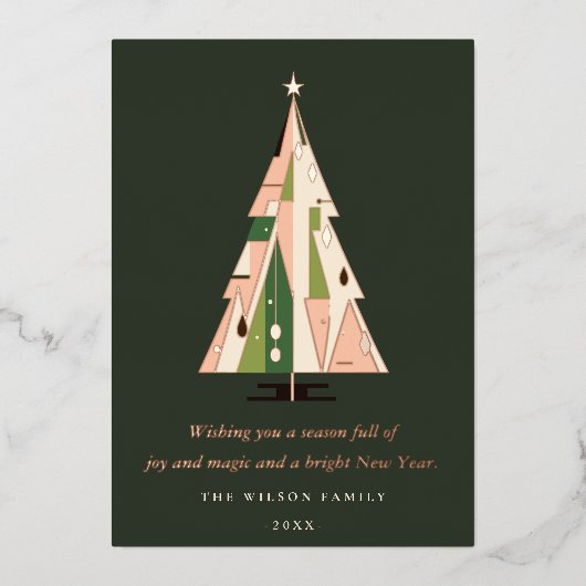レトロ幾何学的クリスマスツリー赤面グリーンラスト 箔シーズンカード (正面)