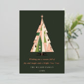 レトロ幾何学的クリスマスツリー赤面グリーンラスト 箔シーズンカード (立ち正面)
