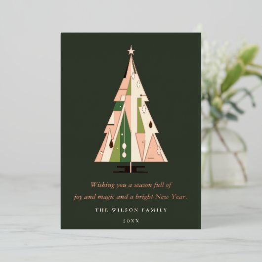 レトロ幾何学的クリスマスツリー赤面グリーンラスト 箔シーズンカード (立ち正面)