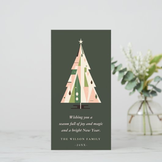 レトロ幾何学的クリスマスツリー赤面フォレストグリーン シーズンカード (スタンド正面)
