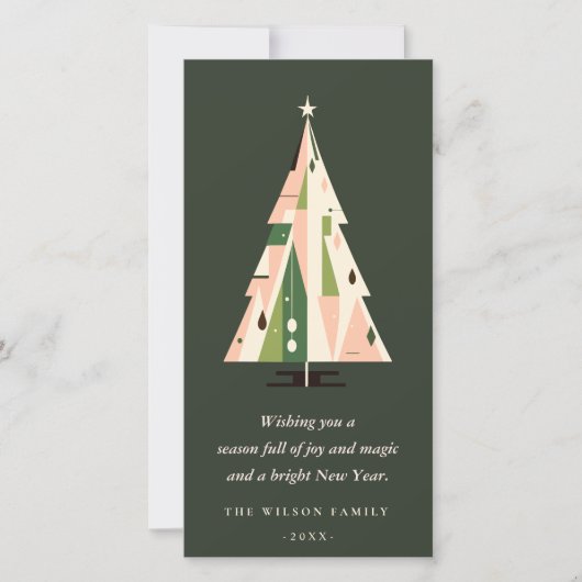 レトロ幾何学的クリスマスツリー赤面フォレストグリーン シーズンカード (正面)