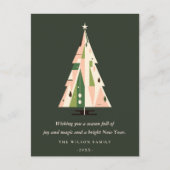 レトロ幾何学的クリスマスツリー赤面フォレストグリーン シーズンポストカード (正面)