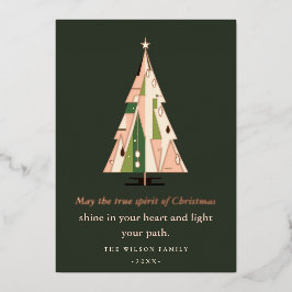 レトロ幾何学的クリスマスツリー赤面フォレストグリーン 箔シーズンカード