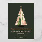 レトロ幾何学的クリスマスツリー赤面フォレストグリーン 箔シーズンカード (正面)
