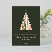 レトロ幾何学的クリスマスツリー赤面フォレストグリーン 箔シーズンカード (立ち正面)