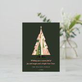 レトロ幾何学的クリスマスツリー赤面フォレストグリーン 箔シーズンポストカード (立ち正面)