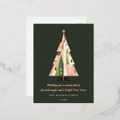 レトロ幾何学的クリスマスツリー赤面フォレストグリーン 箔シーズンポストカード (正面/裏面)