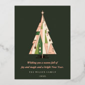 レトロ幾何学的クリスマスツリー赤面フォレストグリーン 箔シーズンポストカード (正面)