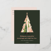 レトロ幾何学的クリスマスツリー赤面フォレストグリーン 箔シーズンポストカード (正面/裏面)