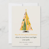 レトロ幾何学的クリスマスツリー赤面マスタードグリーン シーズンカード (正面)