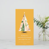 レトロ幾何学的クリスマスツリー赤面マスタードグリーン シーズンカード (スタンド正面)
