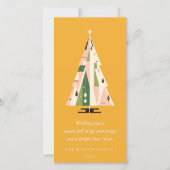 レトロ幾何学的クリスマスツリー赤面マスタードグリーン シーズンカード (正面)