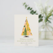 レトロ幾何学的クリスマスツリー赤面マスタードグリーン シーズンポストカード (スタンド正面)