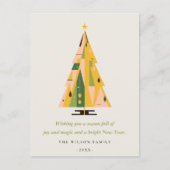 レトロ幾何学的クリスマスツリー赤面マスタードグリーン シーズンポストカード (正面)