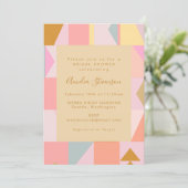 レトロ幾何学的パステルピンク金ゴールドブライダルシャワー 招待状 (スタンド正面)