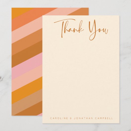 レトロ幾何学的ピンクとオレンジのカスタムウェディング サンキューカード (正面/裏面)