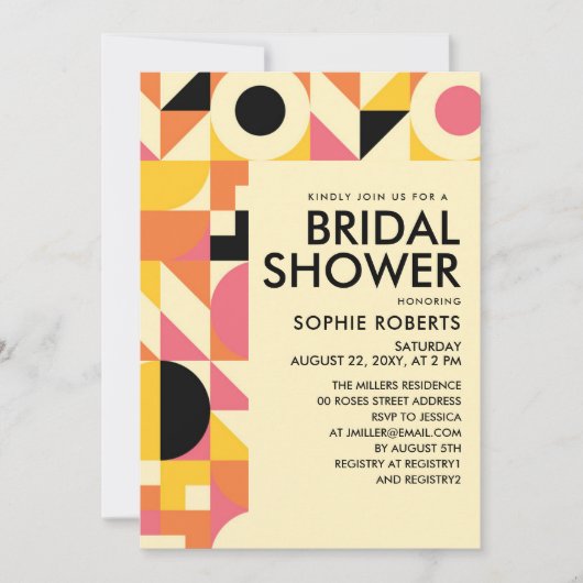 レトロ幾何学的ピンクオレンジイエローブライダルシャワー 招待状 (正面)
