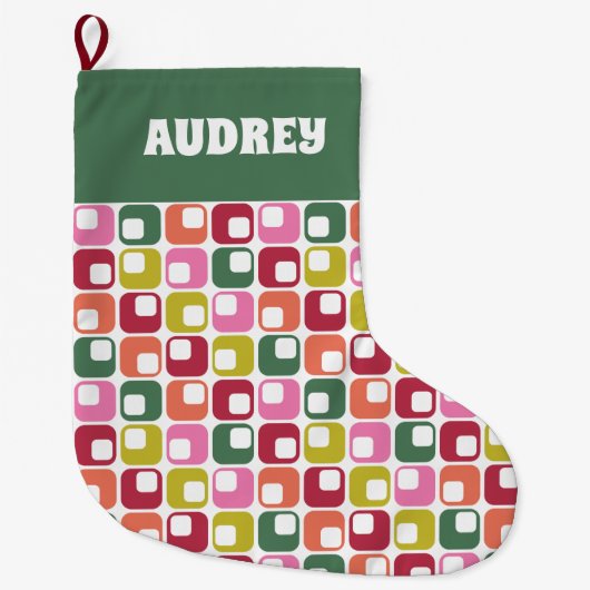 レトロ幾何学的プリント1970s パーソナライズされた ラージクリスマスストッキング (正面)