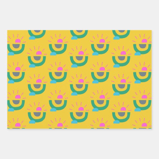 レトロ幾何学的抽象芸術サンシャインパターンイエロー ラッピングペーパーシート (正面2)