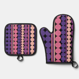 レトロ幾何点々のあるストライプ 鍋つかみ&鍋敷きセット