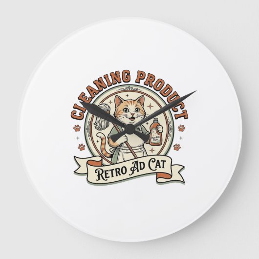 レトロ広告の猫のクリーニング製品 レトロなクリーニング製品 ラージ壁時計 (正面)