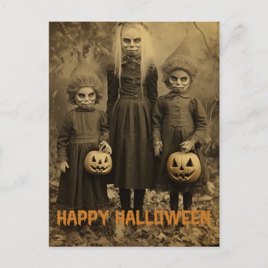 レトロ彫りのカボチャを持つハロウィーンの不気味な子供 ポストカード (正面)