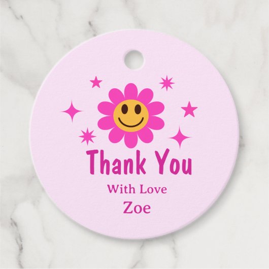 レトロ微笑みピンクの花誕生日ありがとう フェイバータグ (正面)