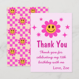 レトロ微笑みピンクフラワーガール誕生日 サンキューカード